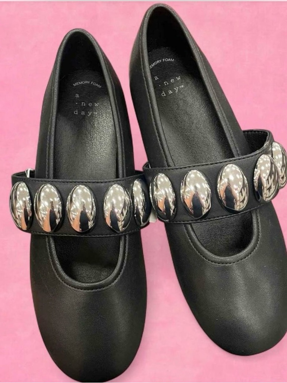 a new day Black Mary Jane Flats with Silver Oval Studs